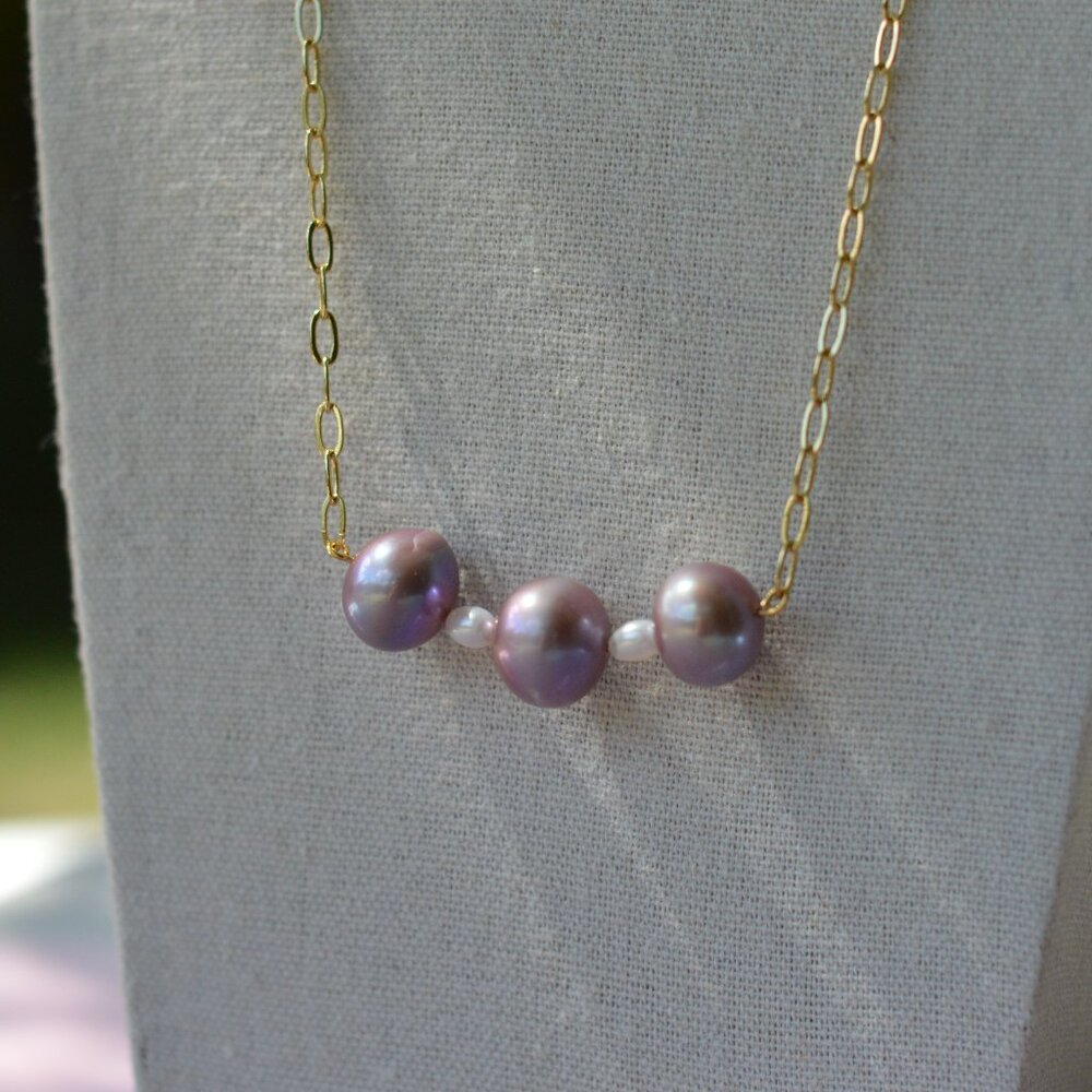 22.5" Natural Purple Edison Pearl & White Rice Pearl Necklace – Gold Plated Chai